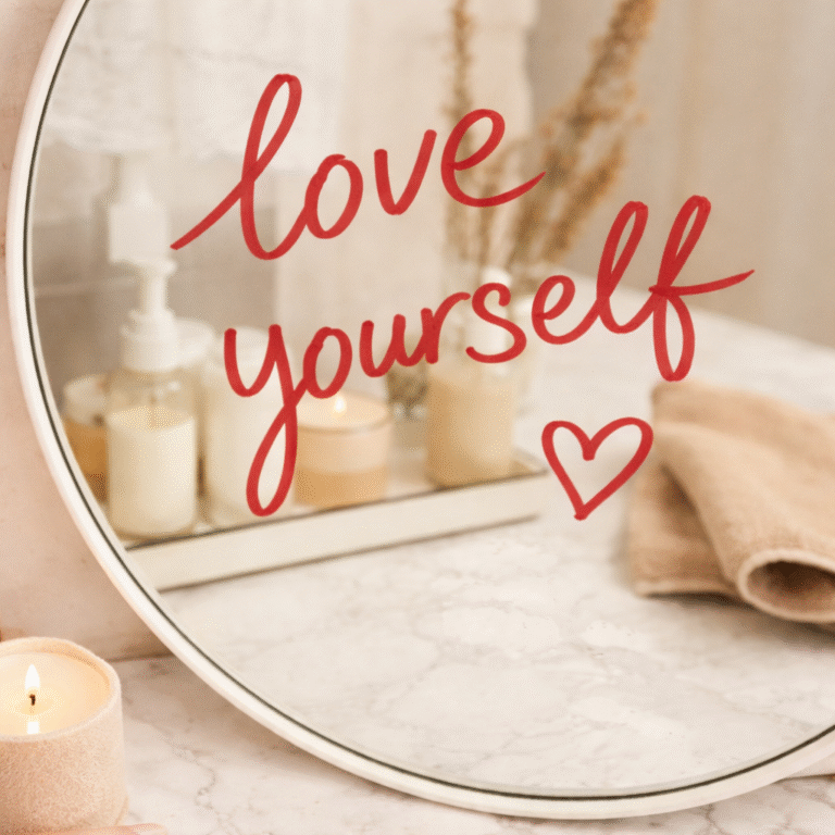 photo of a mirror with "love yourself" written in red lipstick