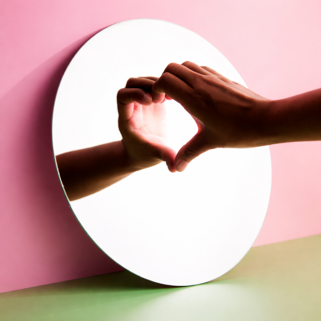 Hand touching a mirror to create a heart shape