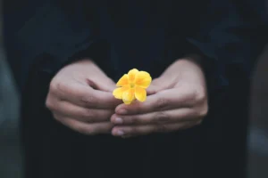 Affordable Counselling Network - Online Therapy UK - Person dressed in black holds a small yellow flower