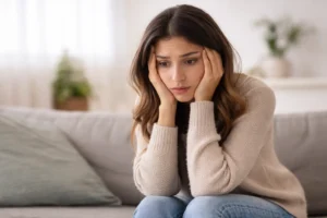 Affordable Counselling Network - Online Therapy UK - Women sitting looking anxious